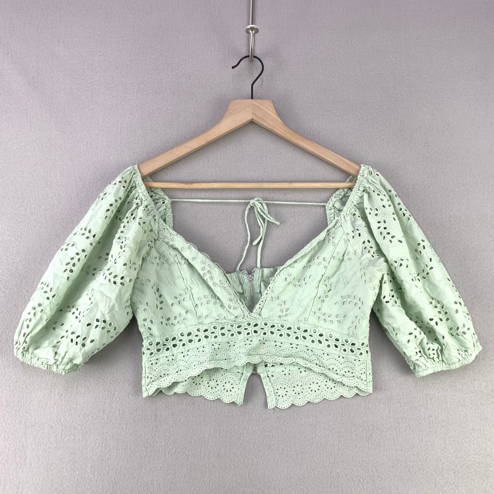 Altar'd State Eyelet Crop Top Women M Green Boho Puff Sleeve Feminine Coquette